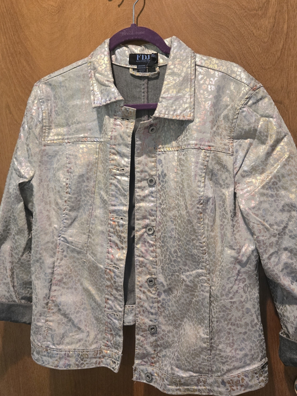Women’s Shimmery Leopard Print Button Jacket - Light Gray